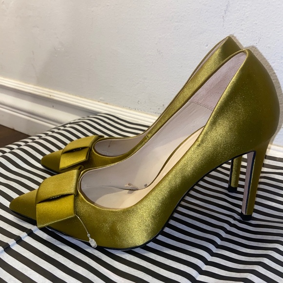 ZARA BASIC CHARTREUSE SATIN BOW HEELS SZ 36 SATEEN FORMAL WEDDING TUXEDO CHURCH - Picture 16 of 16